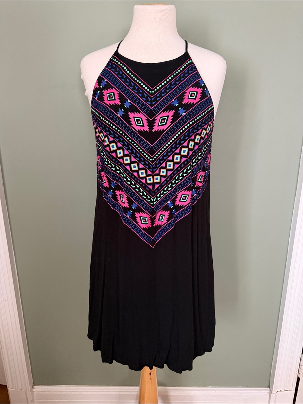 Black Halter Dress with Neon Aztec Print